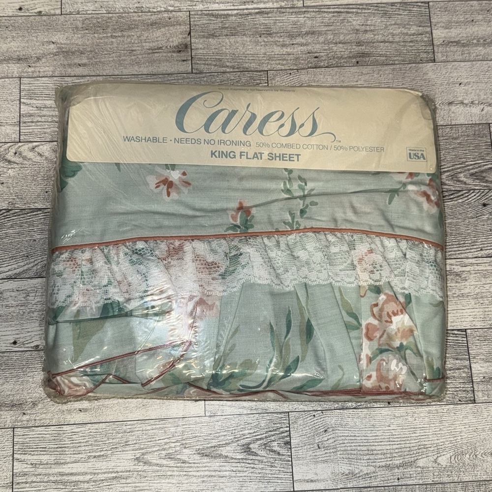 Vtg Caress No Iron King Flat Sheet Floral Lace Ruffle NWT Mervyn's Cottagecore
